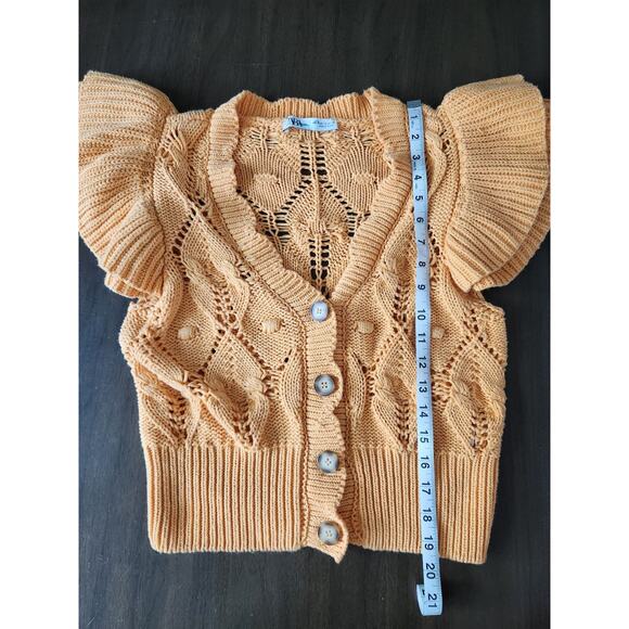 Zara Crochet Knit Women's Orange Flutter Sleeve V-Neck Button Front Top Sz Small - Picture 7 of 8